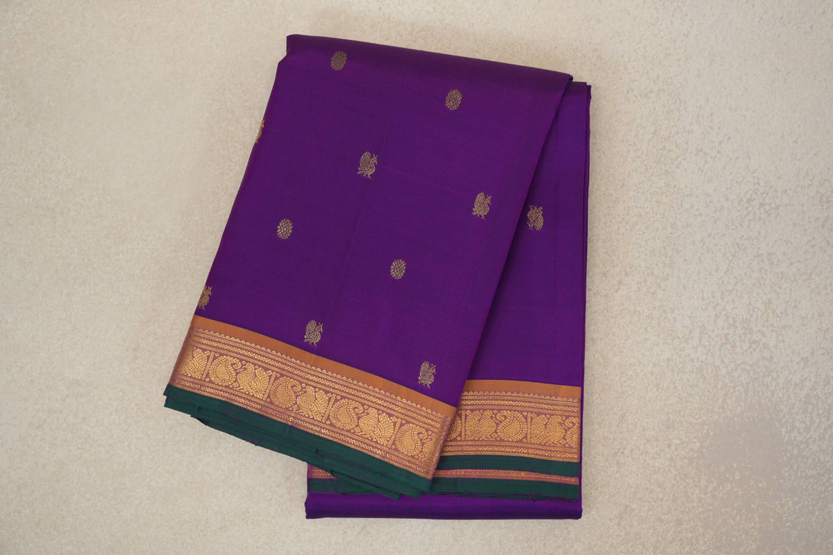 Dark Purple with Dual Tone of Pink and Mustard Yellow with Dark Bottle Green Selvedge Borders Vintage Kanjivaram Silk Saree