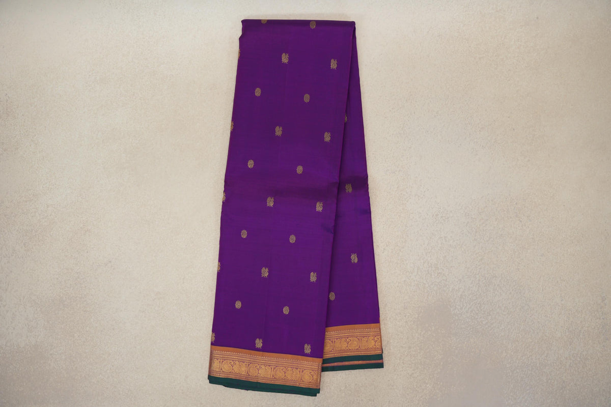 Online Dark Purple with Dual Tone of Pink and Mustard Yellow with Dark Bottle Green Selvedge Borders Vintage Kanjivaram Silk Saree
