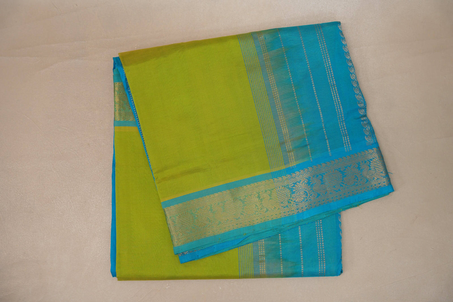 Bright Leaf Green with aqua blue Nine and a half Yards Silk Cotton Saree SS9152