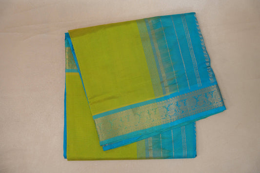 Bright Leaf Green with aqua blue Nine and a half Yards Silk Cotton Saree SS9152