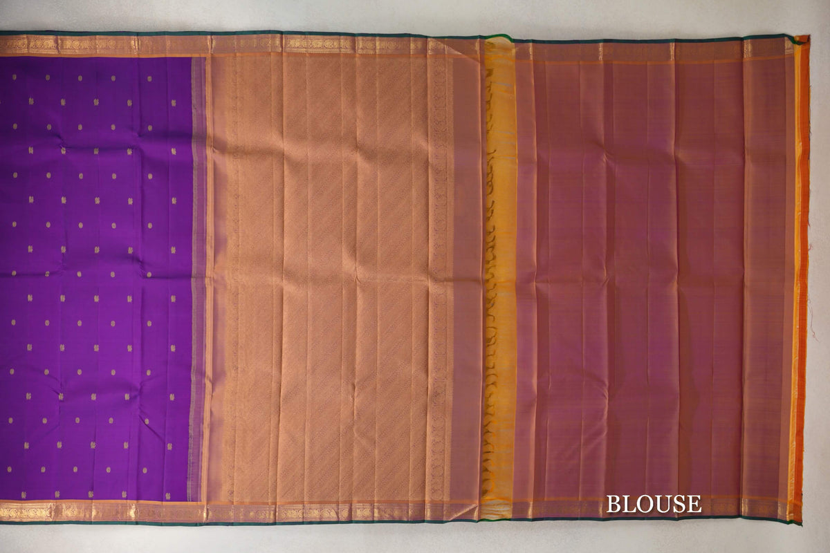 Dark Purple with Dual Tone of Pink and Mustard Yellow with Dark Bottle Green Selvedge Borders Vintage Kanjivaram Silk Saree blouse