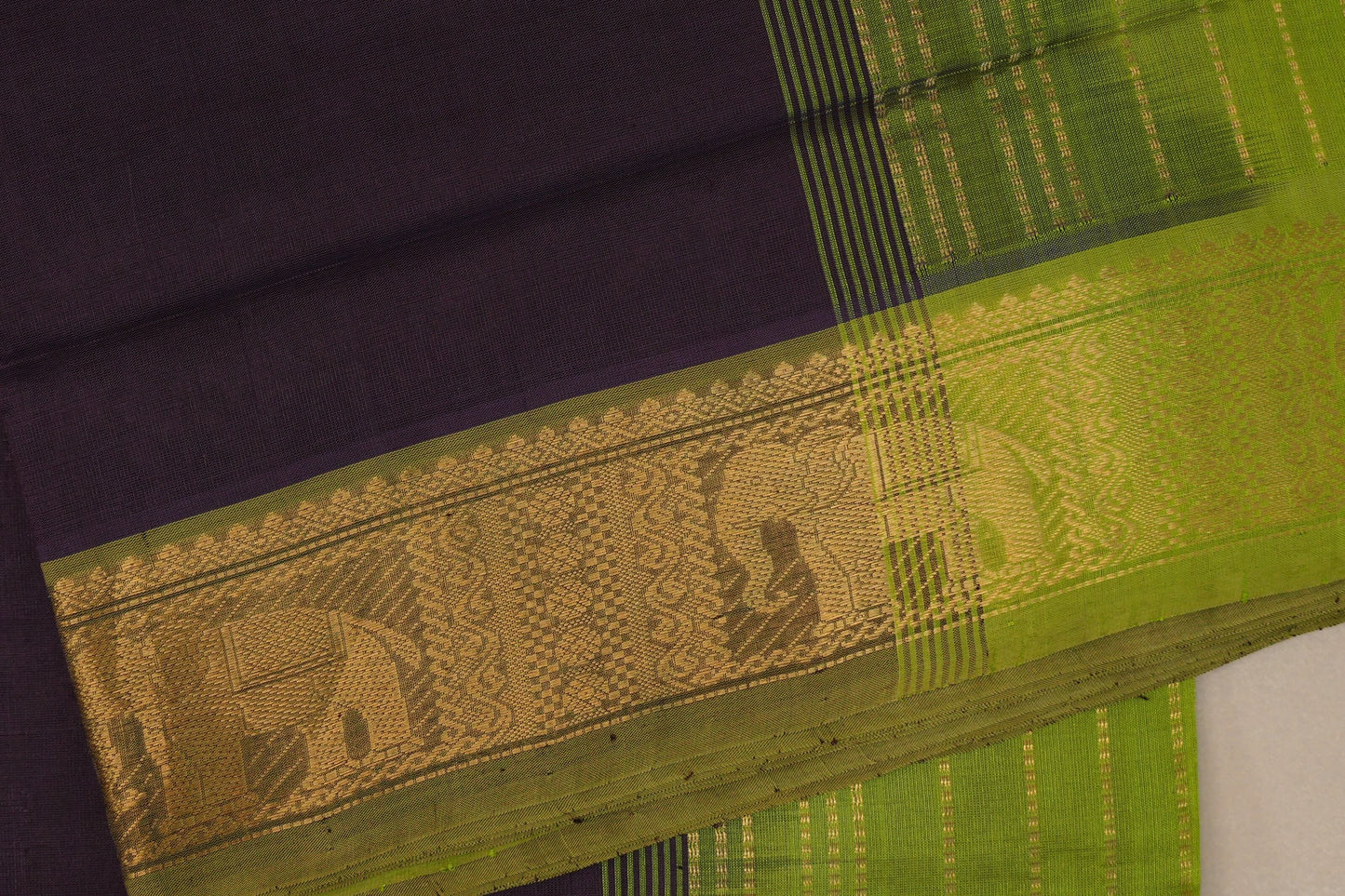 Deep purple with Bright Leaf Green Nine and a half Yards Silk Cotton Saree SS9153