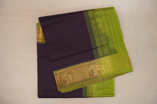 Deep purple with Bright Leaf Green Nine and a half Yards Silk Cotton Saree SS9153