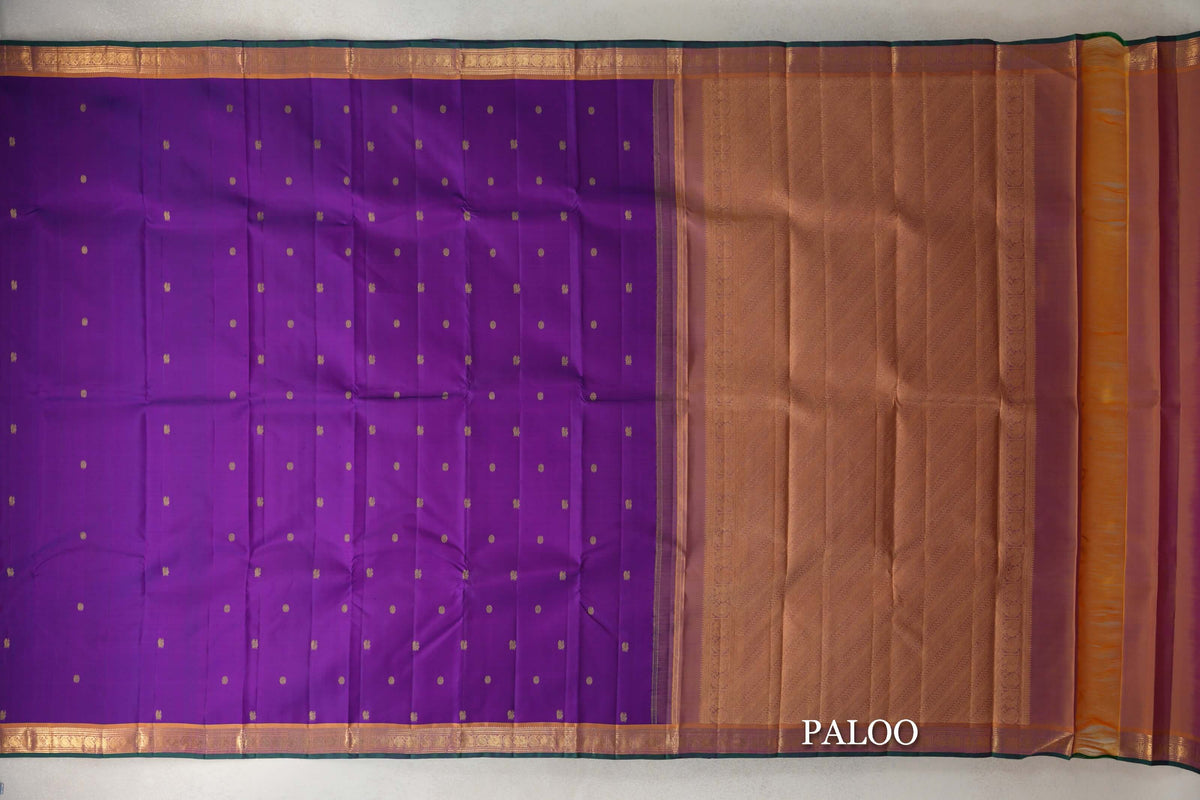Dark Purple with Dual Tone of Pink and Mustard Yellow with Dark Bottle Green Selvedge Borders Vintage Kanjivaram Silk Saree paloo