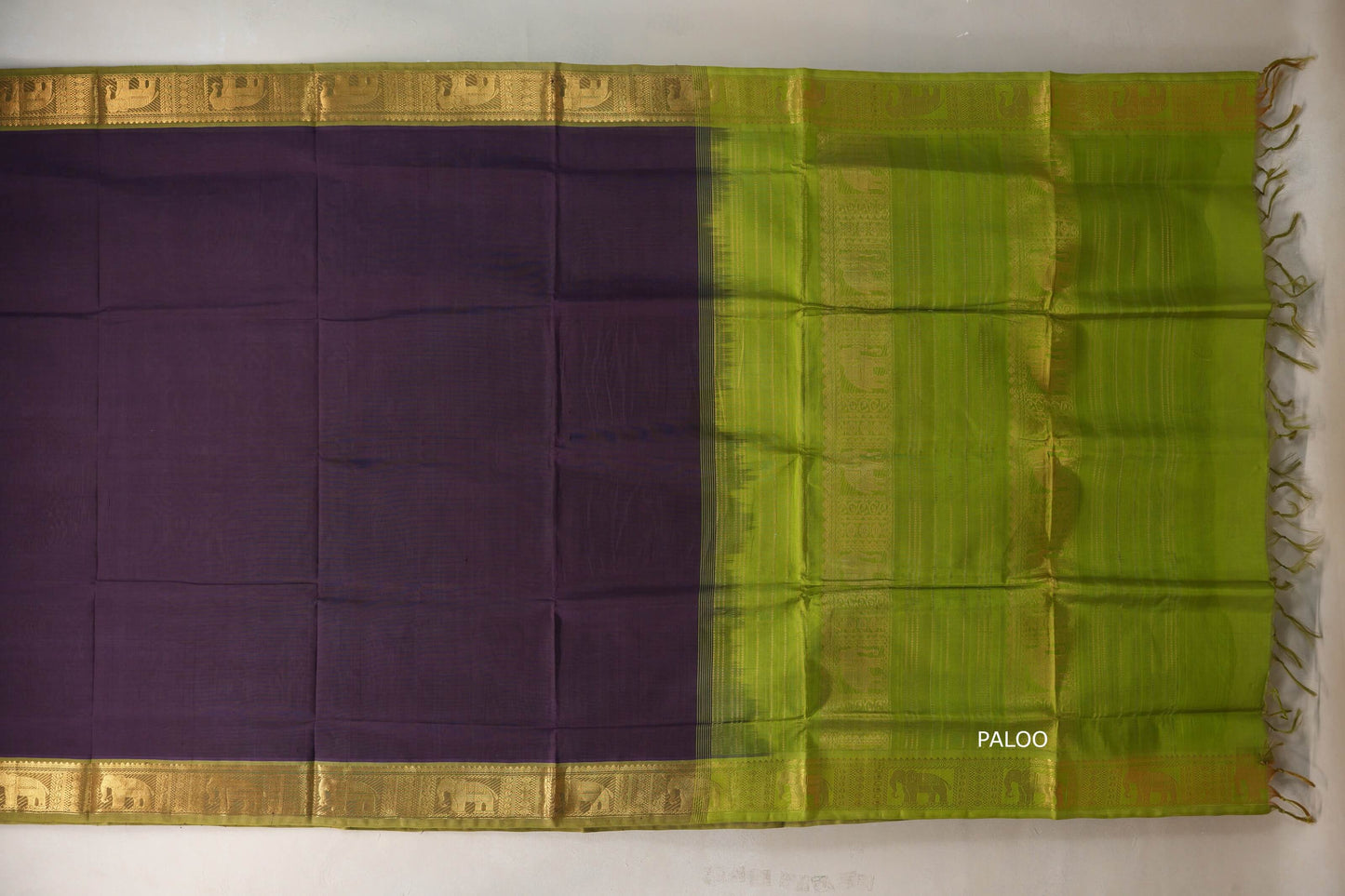 Deep purple with Bright Leaf Green Nine and a half Yards Silk Cotton Saree SS9153