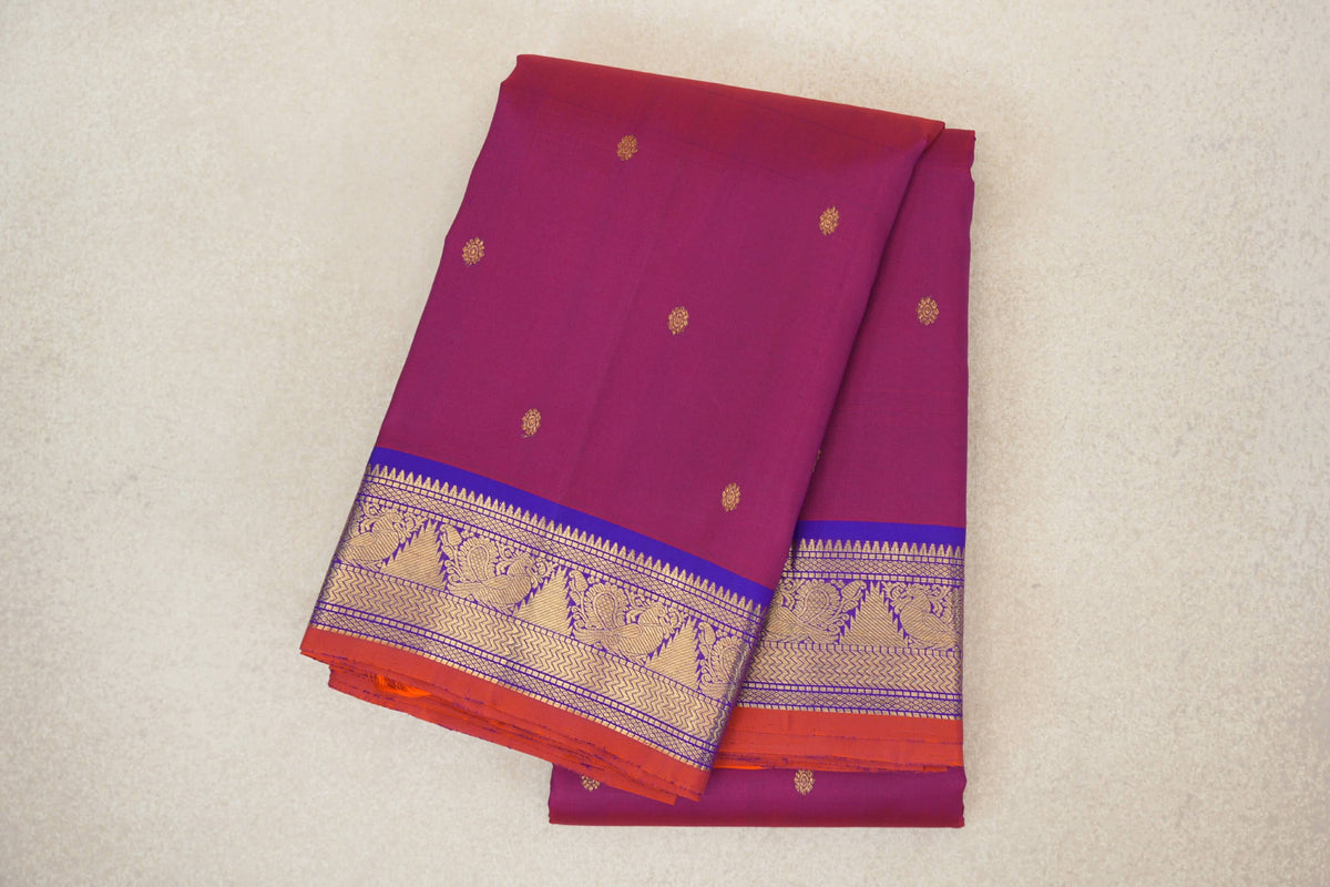 Dual Tone of Red and Violet with Violet Purple with Deep Orange Selvedge Borders Vintage Kanjivaram Silk Saree