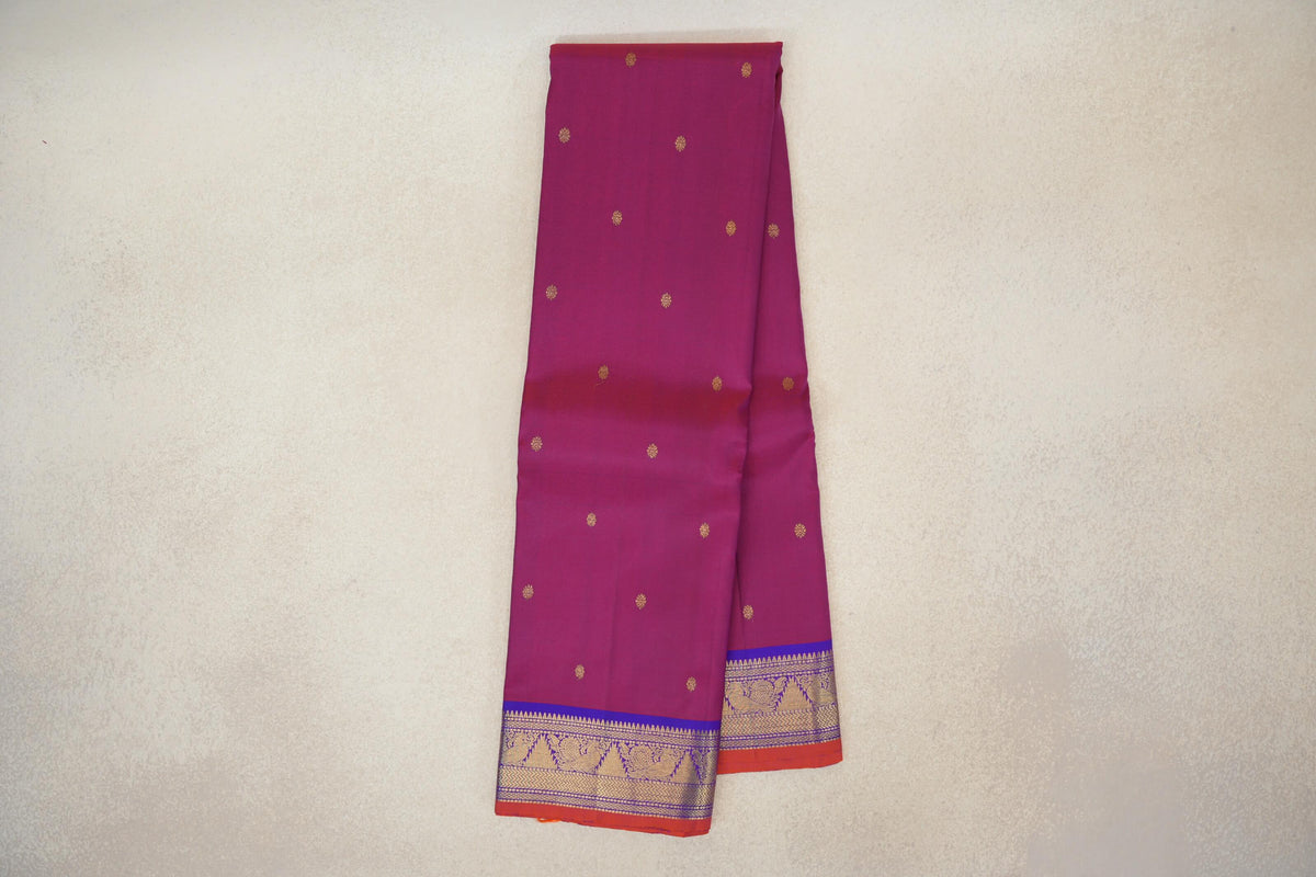 Online Dual Tone of Red and Violet with Violet Purple with Deep Orange Selvedge Borders Vintage Kanjivaram Silk Saree