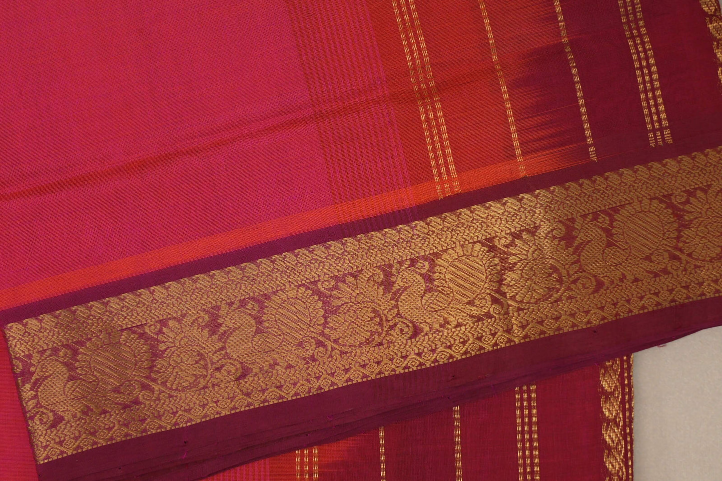 Orangish pink with Reddish Maroon Nine and a half Yards Silk Cotton Saree SS9155