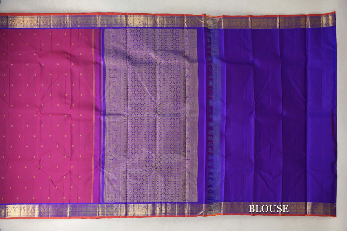 Dual Tone of Red and Violet with Violet Purple with Deep Orange Selvedge Borders Vintage Kanjivaram Silk Saree blouse