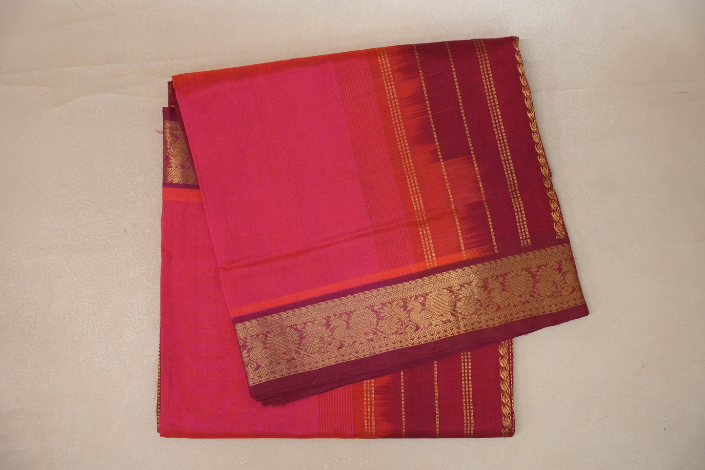 Orangish pink with Reddish Maroon Nine and a half Yards Silk Cotton Saree SS9155