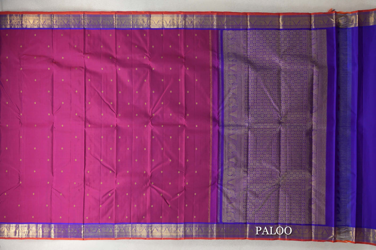 Dual Tone of Red and Violet with Violet Purple with Deep Orange Selvedge Borders Vintage Kanjivaram Silk Saree paloo