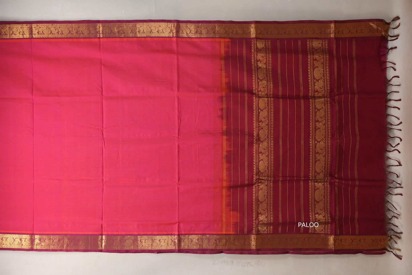 Orangish pink with Reddish Maroon Nine and a half Yards Silk Cotton Saree SS9155