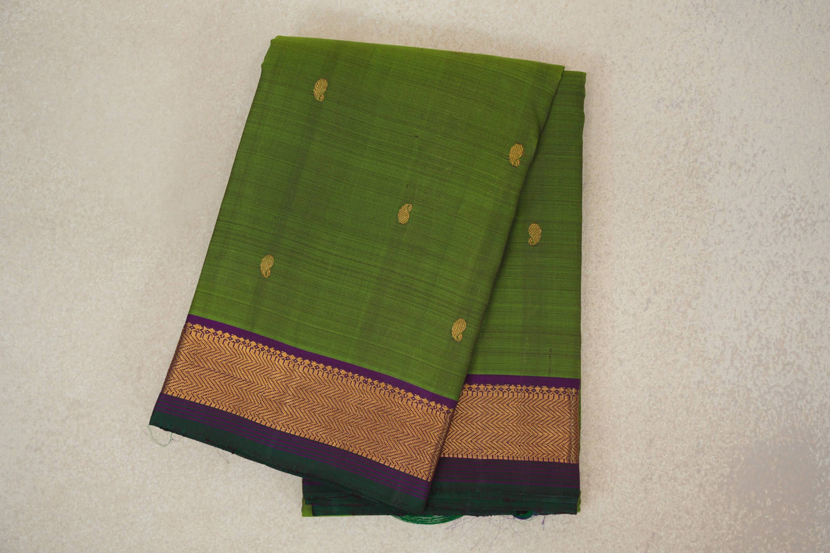 Parrot Green with Deep Violet with Dark Bottle Green Selvedge Borders Vintage Kanjivaram Silk Saree