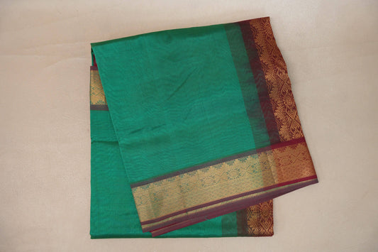 Emerald Green with Reddish Maroon Nine and a half Yards Silk Cotton Saree SS9156