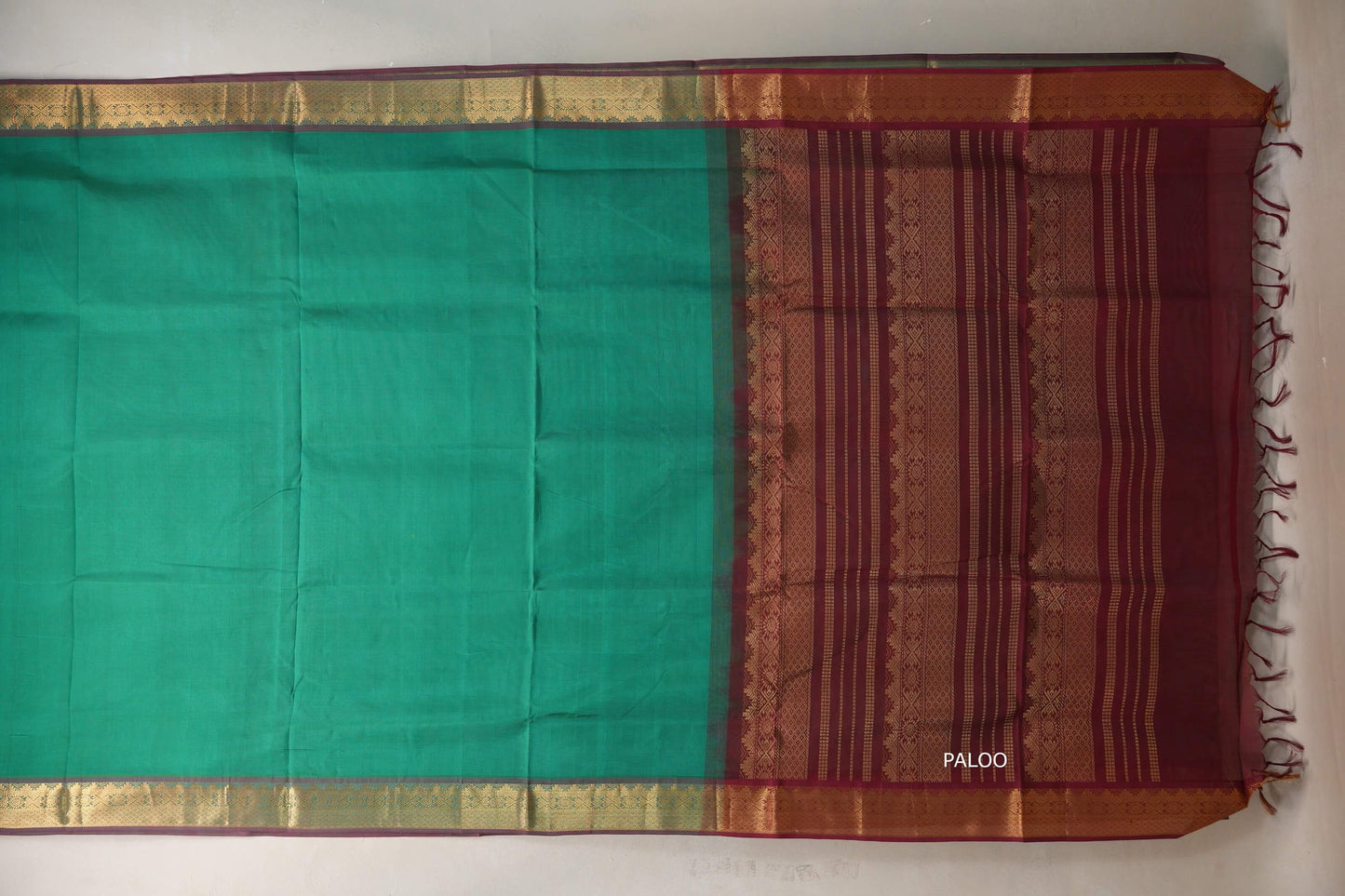 Emerald Green with Reddish Maroon Nine and a half Yards Silk Cotton Saree SS9156