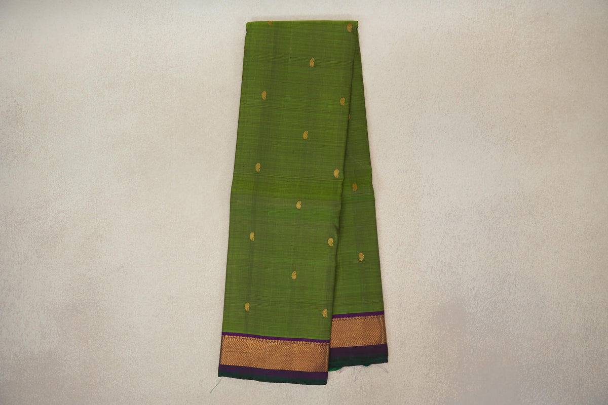 Online Parrot Green with Deep Violet with Dark Bottle Green Selvedge Borders Vintage Kanjivaram Silk Saree