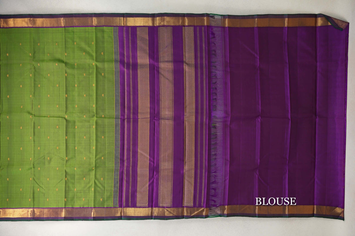 Parrot Green with Deep Violet with Dark Bottle Green Selvedge Borders Vintage Kanjivaram Silk Saree blouse