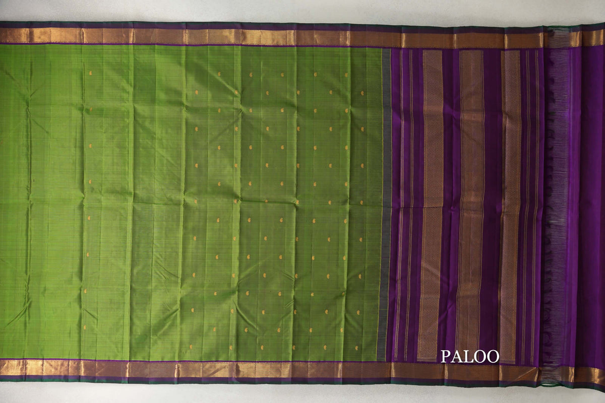 Parrot Green with Deep Violet with Dark Bottle Green Selvedge Borders Vintage Kanjivaram Silk Saree paloo