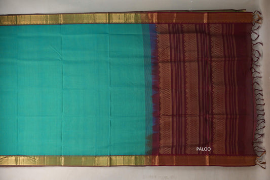 Rama Green with Reddish Maroon Nine and a half Yards Silk Cotton Saree SS9157