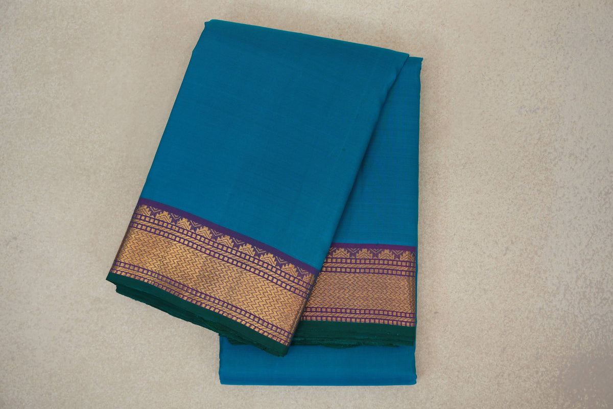 Rama Blue with Dual Tone of Rama Green and Pink with Dark Green Selvedge Borders Vintage Kanjivaram Silk Saree