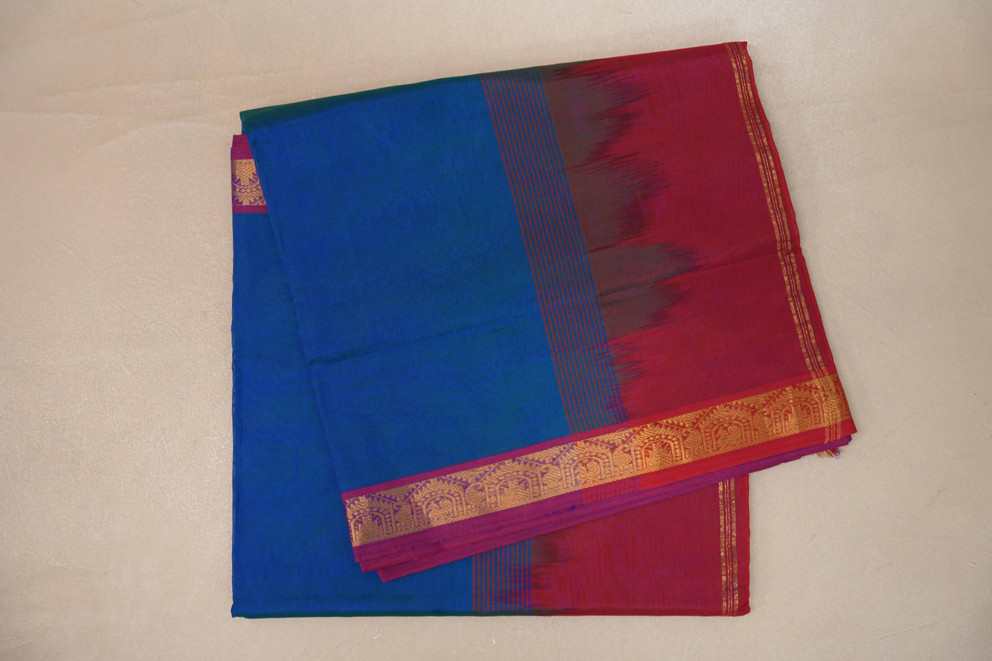 Dual Tone Green and Blue Nine and a half Yards Silk Cotton Saree SS9158