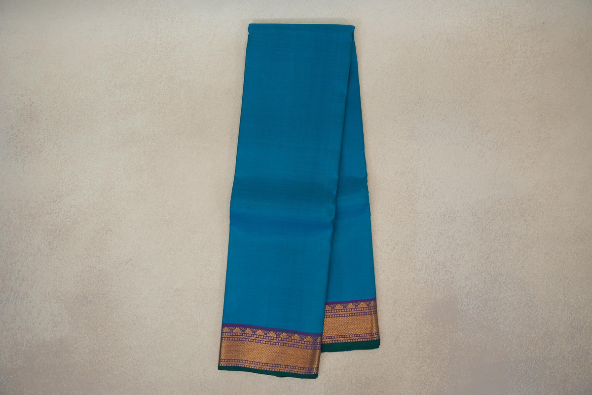 Online Rama Blue with Dual Tone of Rama Green and Pink with Dark Green Selvedge Borders Vintage Kanjivaram Silk Saree