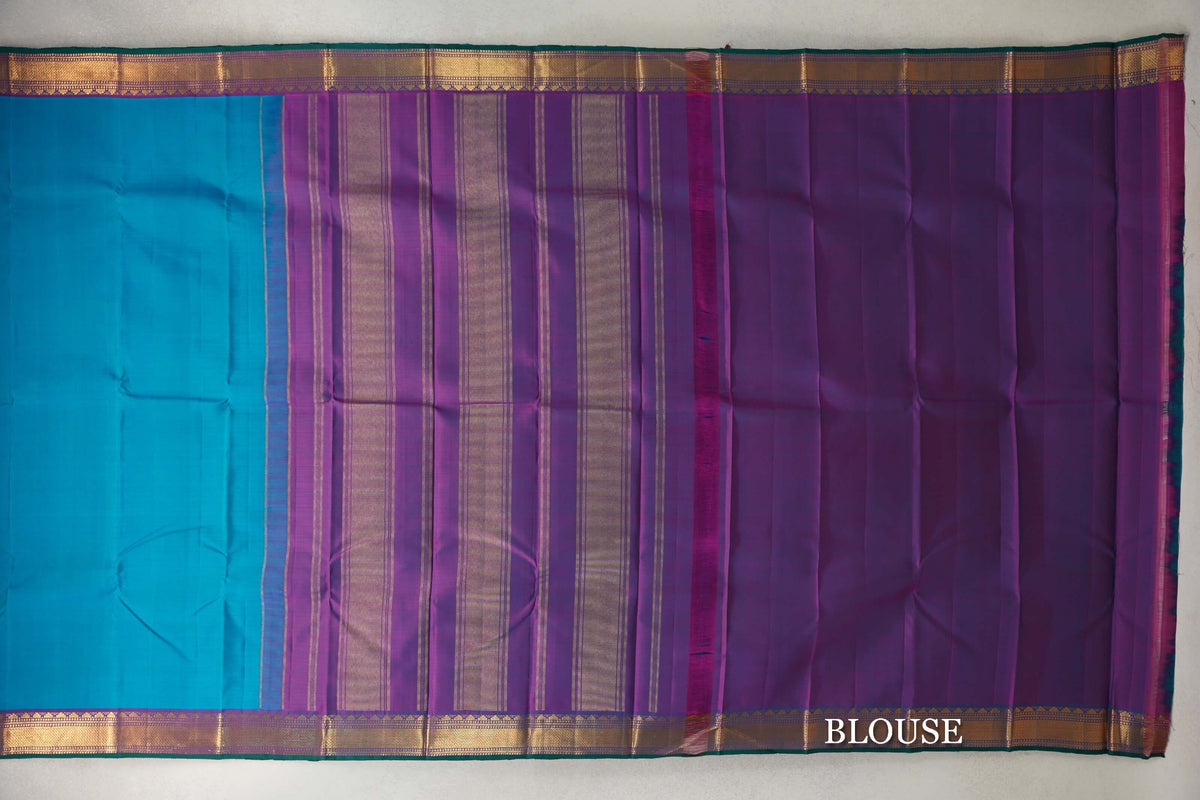 Rama Blue with Dual Tone of Rama Green and Pink with Dark Green Selvedge Borders Vintage Kanjivaram Silk Saree blouse