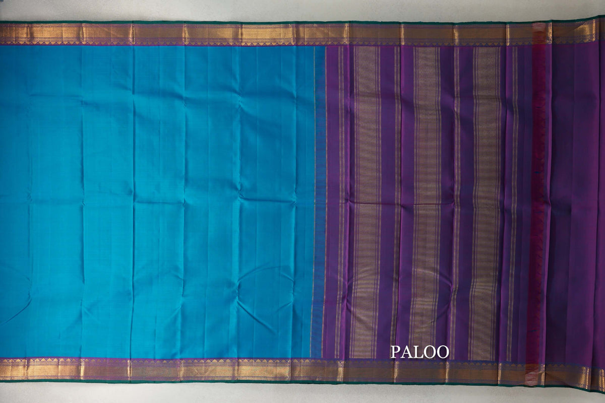 Rama Blue with Dual Tone of Rama Green and Pink with Dark Green Selvedge Borders Vintage Kanjivaram Silk Saree paloo