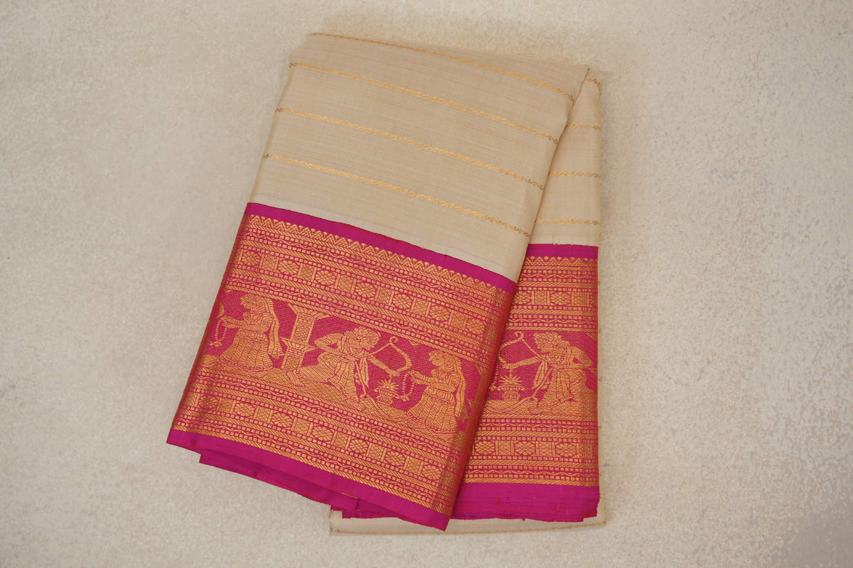 Cream with Bright Rani Pink Borders Vintage Kanjivaram Silk Saree