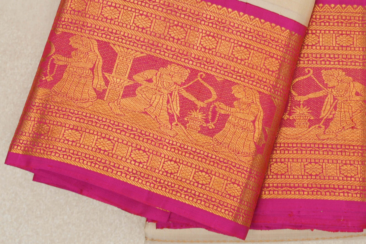 Cream with Bright Rani Pink Borders Vintage Kanjivaram Silk Saree border
