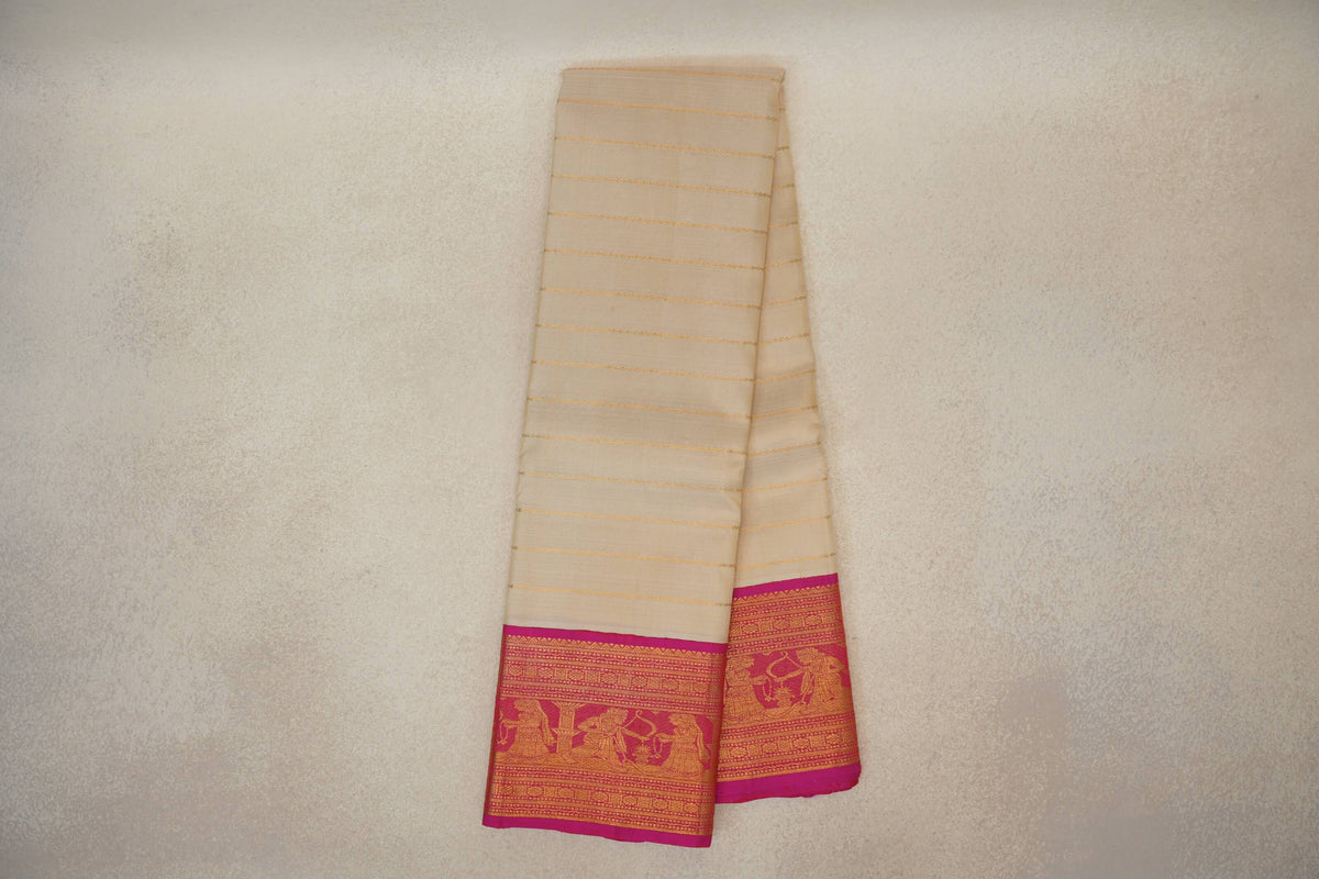 Cream with Bright Rani Pink Borders Vintage Kanjivaram Silk Saree