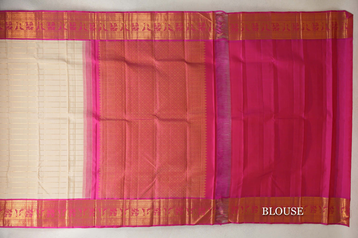 Cream with Bright Rani Pink Borders Vintage Kanjivaram Silk Saree blouse