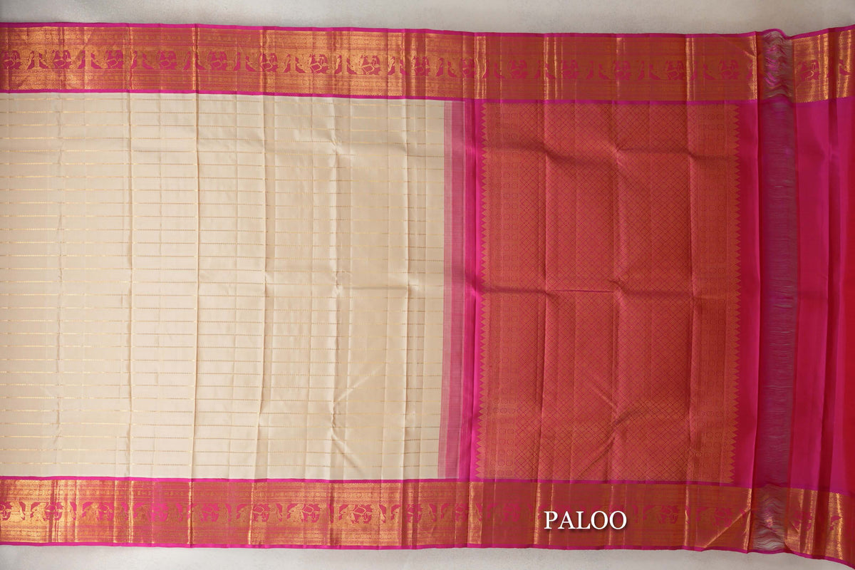 Cream with Bright Rani Pink Borders Vintage Kanjivaram Silk Saree paloo