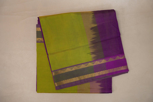 Yellowish Green with Purple Nine and a half Yards Silk Cotton Saree SS9162