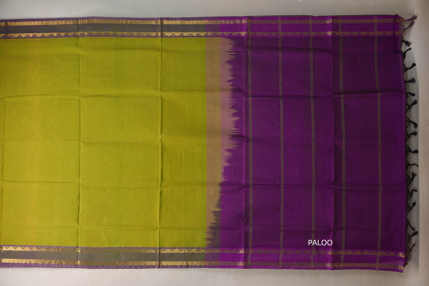 Yellowish Green with Purple Nine and a half Yards Silk Cotton Saree SS9162