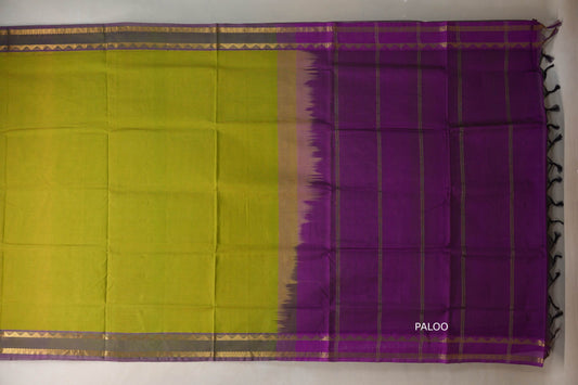 Yellowish Green with Purple Nine and a half Yards Silk Cotton Saree SS9162