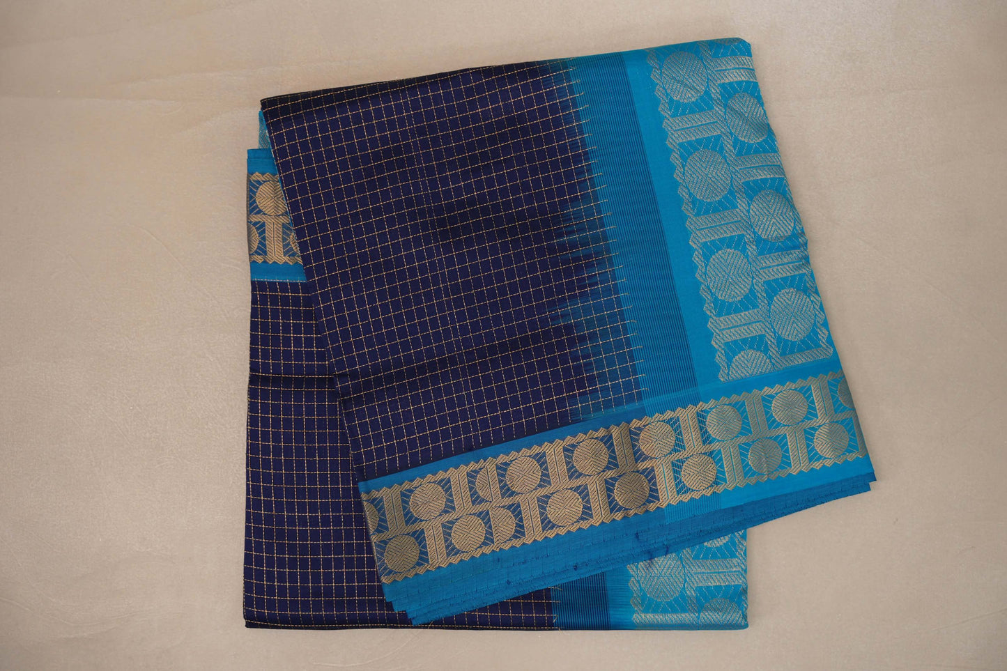 Deep Navy Blue with aqu blue Nine and a half Yards Silk Cotton Saree SS9164