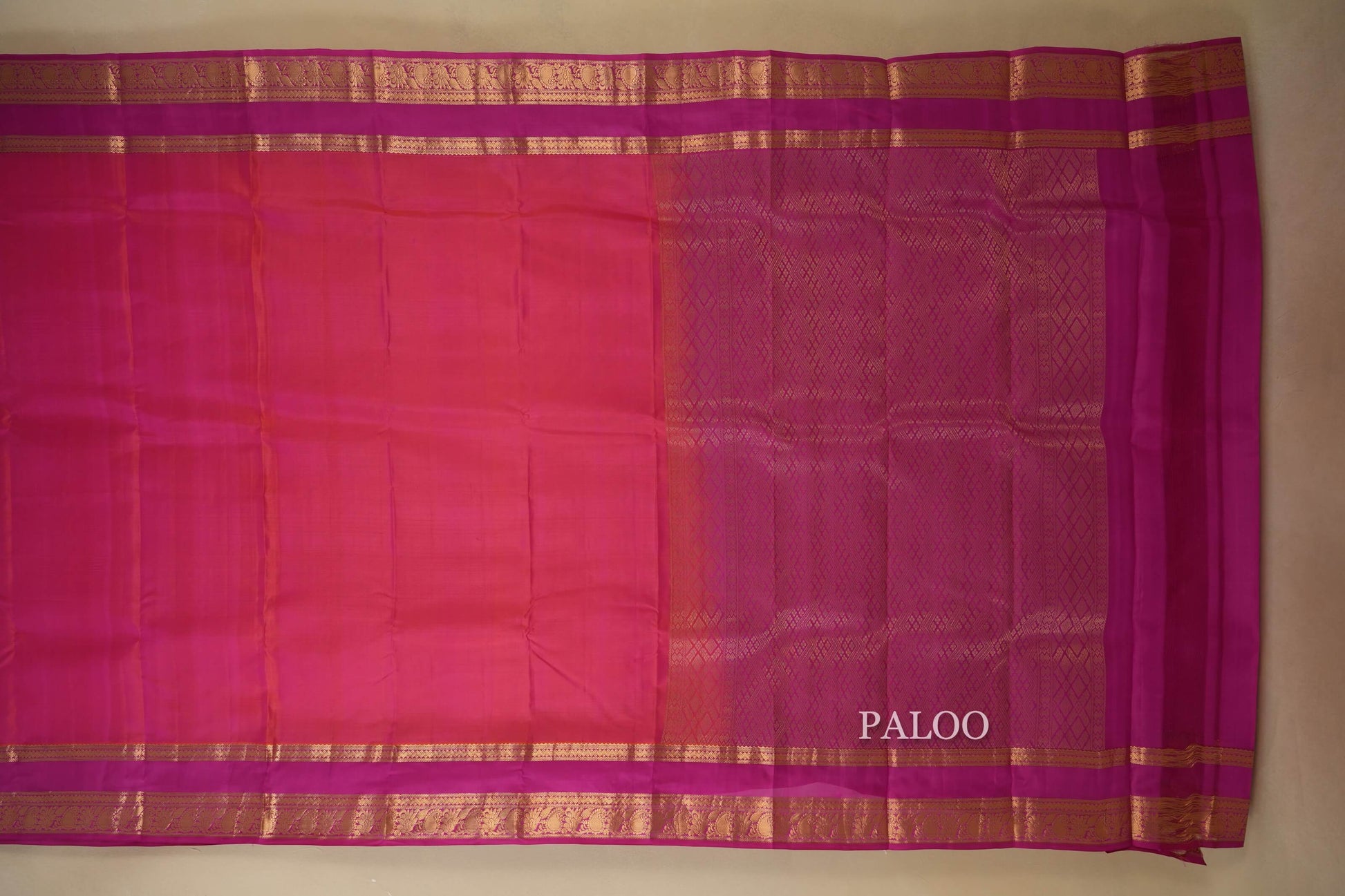 Peach Pink with Pink Borders Light Weight Kanchipuram Silk Saree paloo
