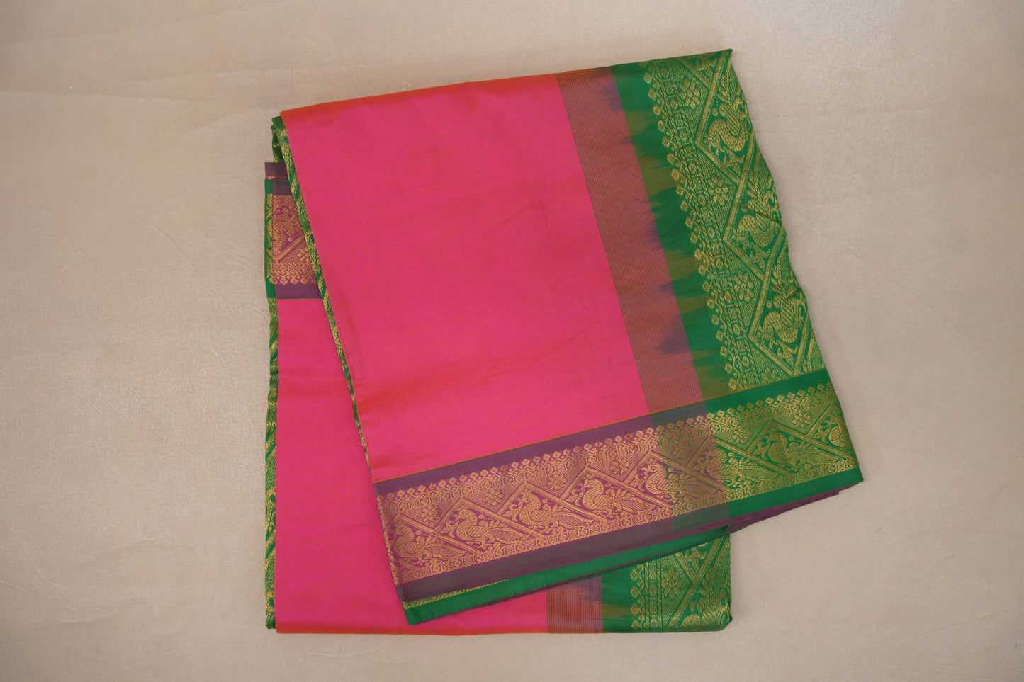 Dual Tone of Bright Pink and  Yellow Nine and a half Yards Silk Cotton Saree SS9166