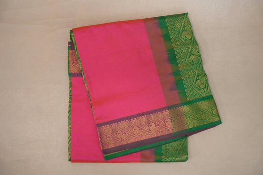 Dual Tone of Bright Pink and  Yellow Nine and a half Yards Silk Cotton Saree SS9166