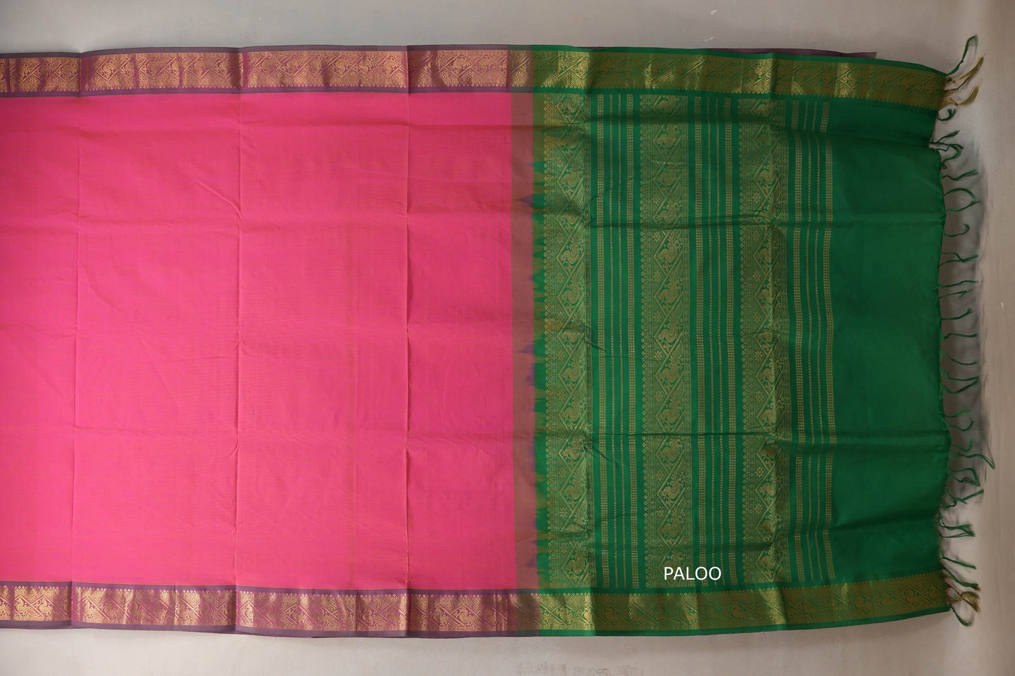 Dual Tone of Bright Pink and  Yellow Nine and a half Yards Silk Cotton Saree SS9166