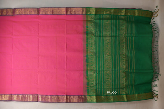 Dual Tone of Bright Pink and  Yellow Nine and a half Yards Silk Cotton Saree SS9166