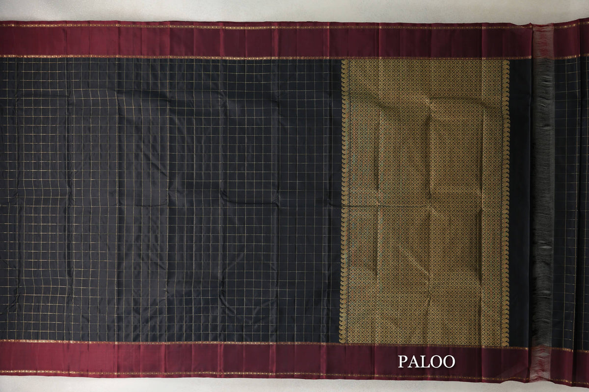 Jet Black with Deep Maroon Border Vintage Kanjivaram Silk Saree paloo