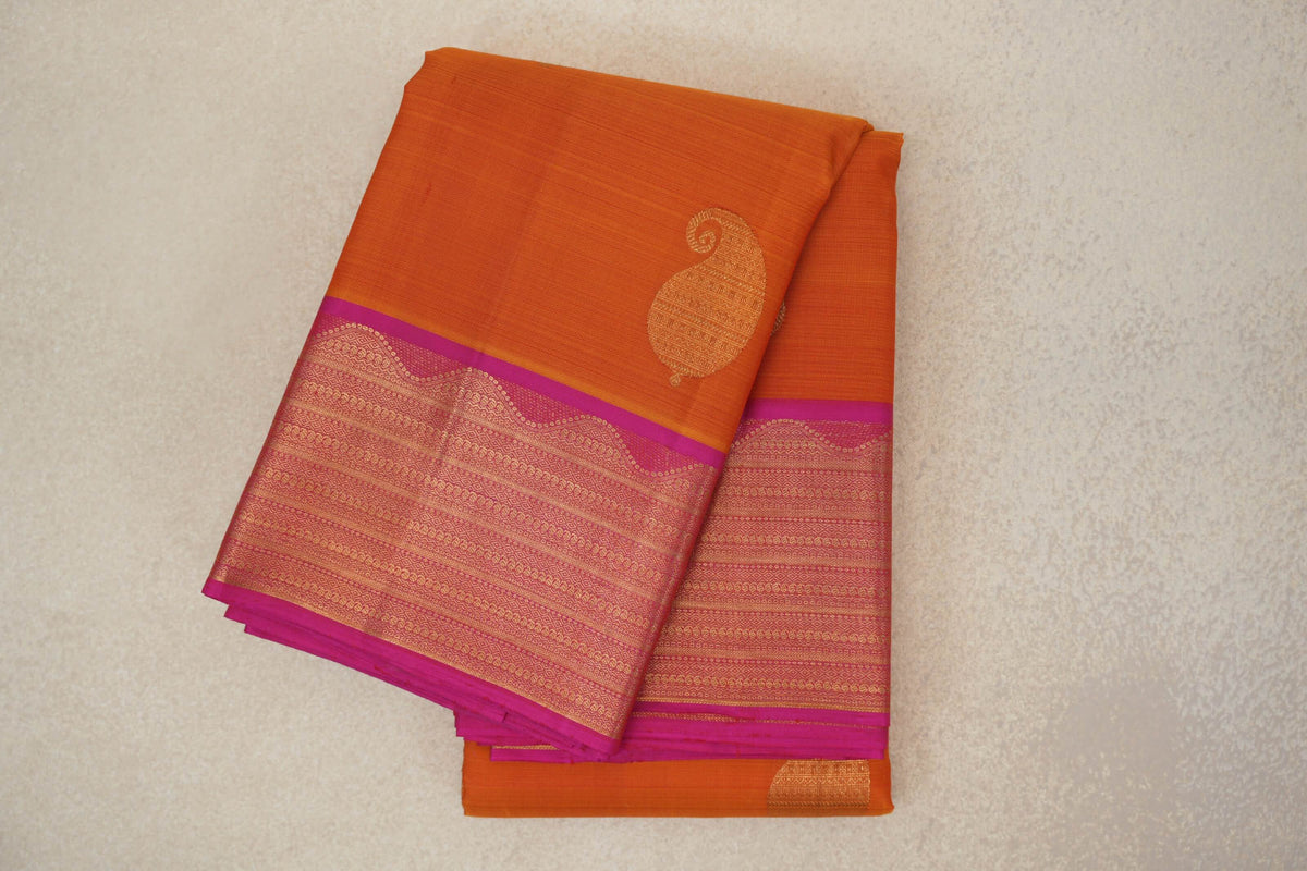Dual Tone of Mango Orange and Red with Rani Pink Border Vintage Kanjivaram Silk Saree