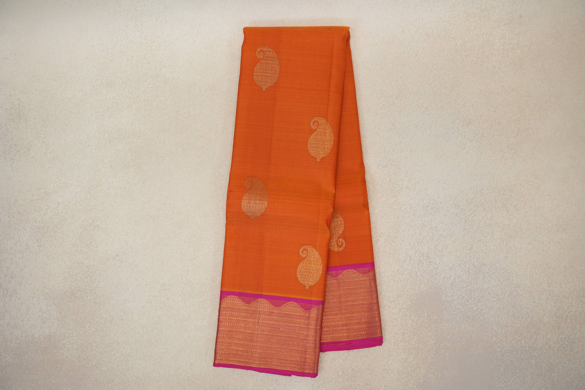 Dual Tone of Mango Orange and Red with Rani Pink Border Vintage Kanjivaram Silk Saree 