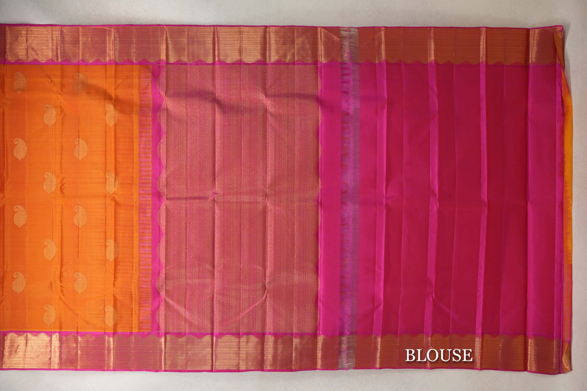 Dual Tone of Mango Orange and Red with Rani Pink Border Vintage Kanjivaram Silk Saree blouse