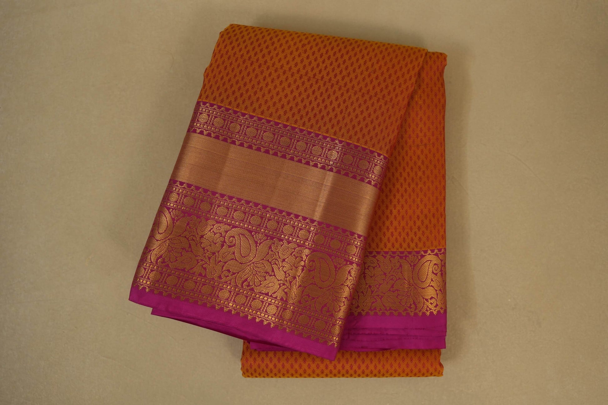 Folded Mustard with Pink Borders Light Weight Kanchipuram Silk Saree