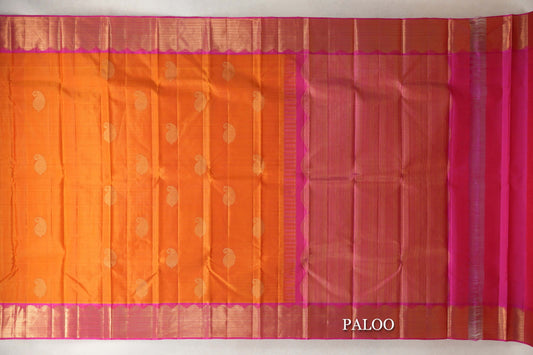 Dual Tone of Mango Orange and Red with Rani Pink Border Vintage Kanjivaram Silk Saree paloo