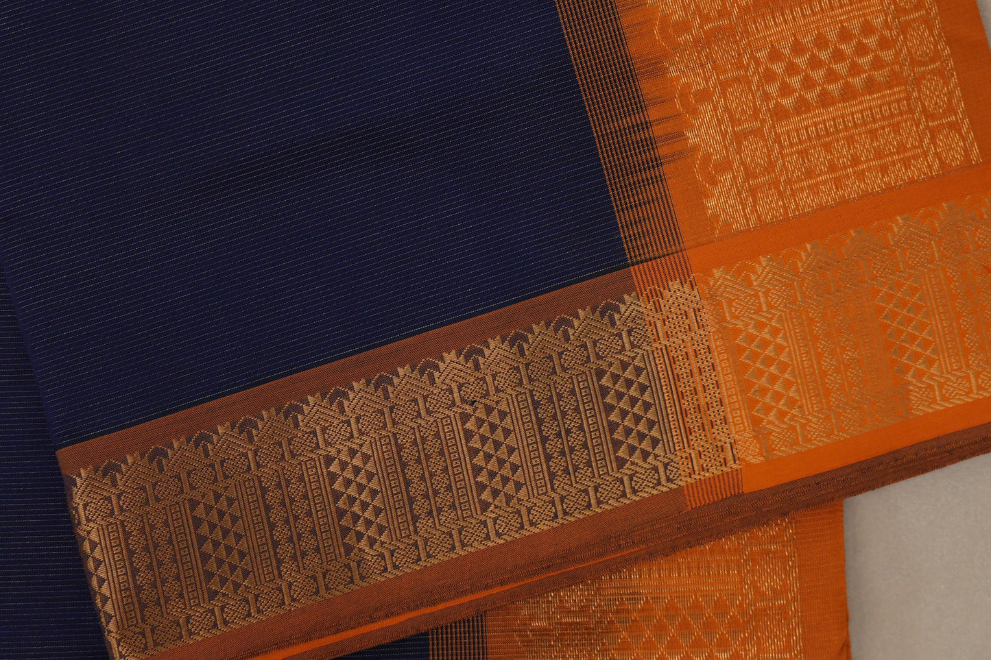 Deep Navy Blue with copper orange Nine and a half Yards Silk Cotton Saree SS9169