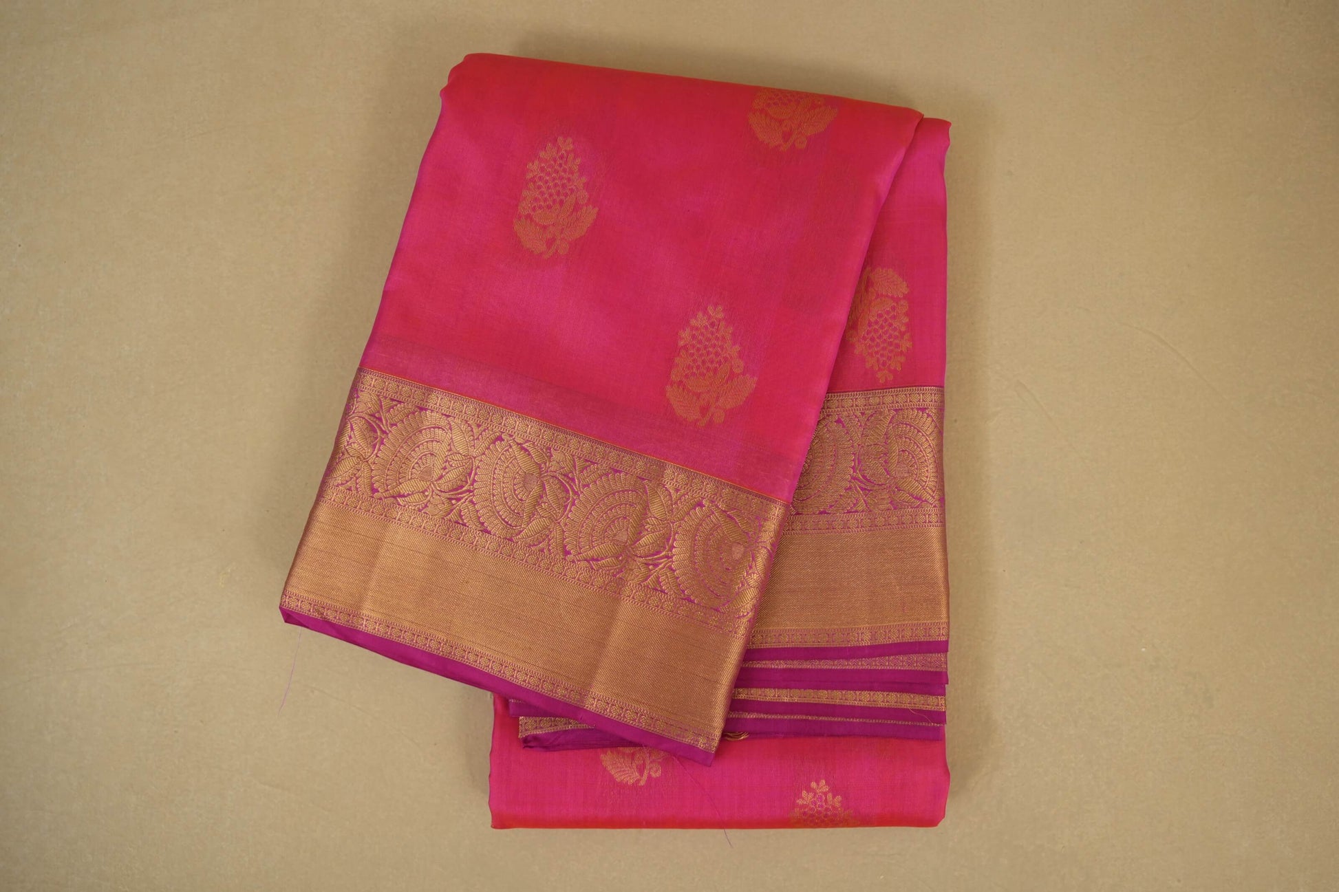 Folded Peach Pink with Pink Borders Light Weight Kanchipuram Silk Saree